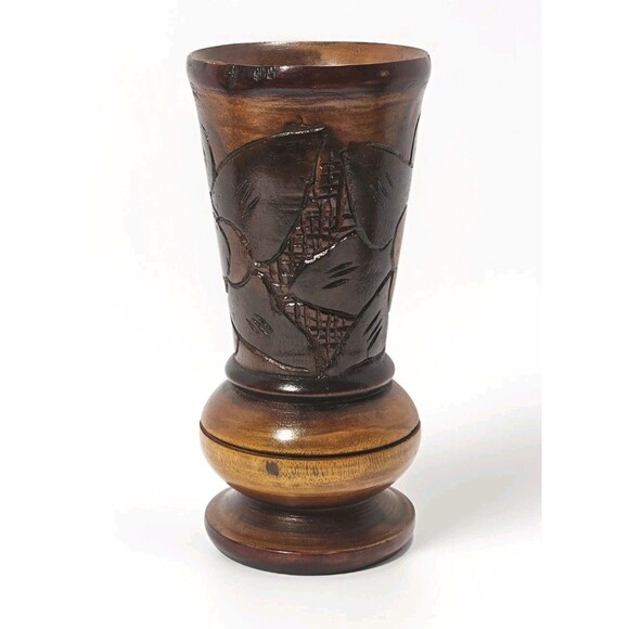 Vintage Boho Tiki Style Hand-Carved Wooden Floral Vase  9” Rustic Folk Art Decor - Picture 4 of 10